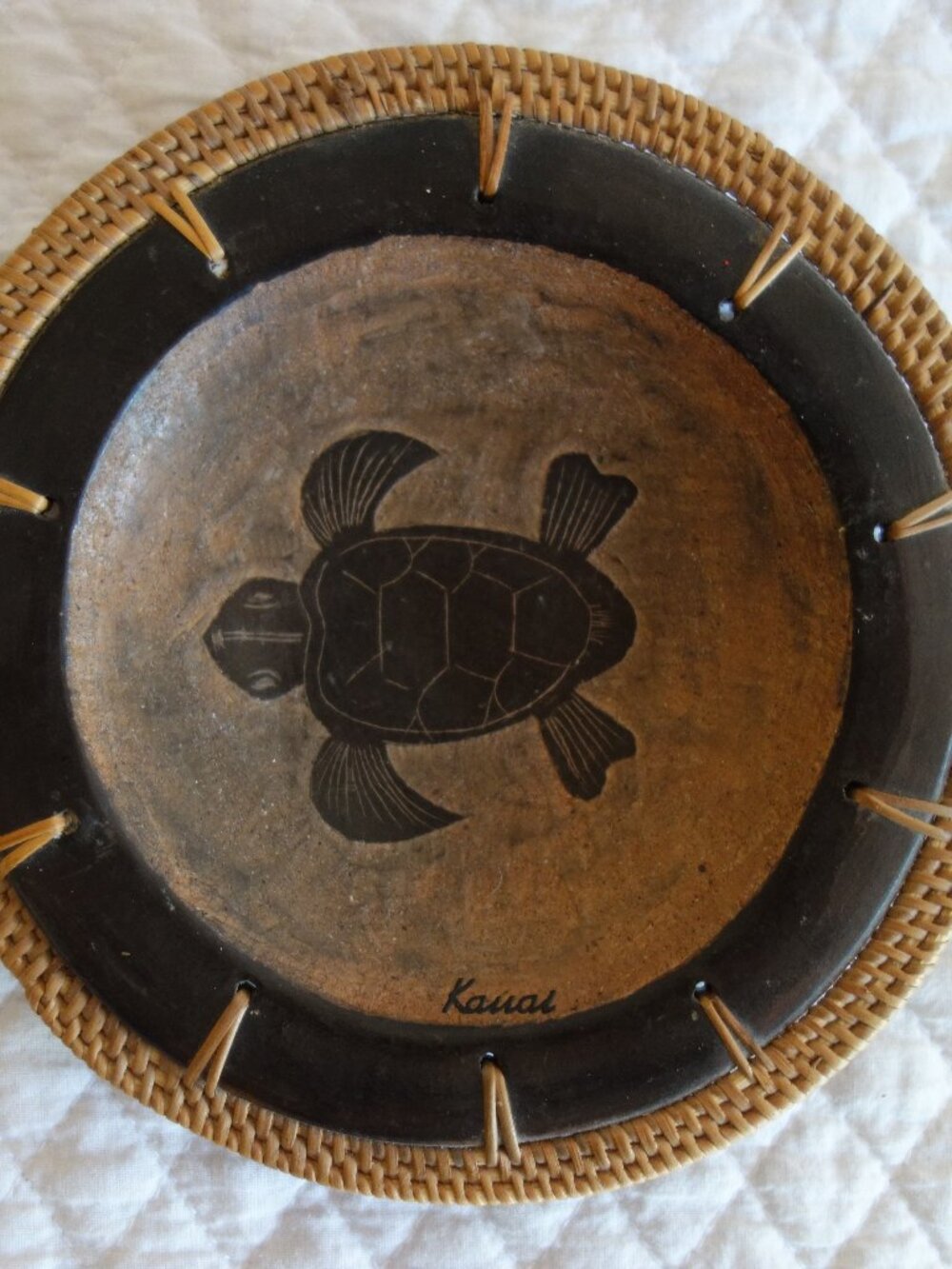 Handcrafted Pottery Bowl w/ Basket Weave Trim – Turtle Design – Kauai Hawaii